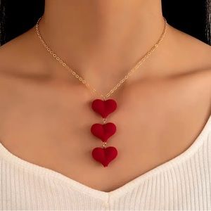 Red Velvet Triple Layer Puffed Heart Gold Toned Necklace